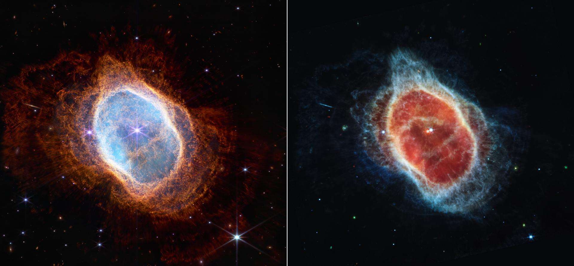 The Southern Ring Nebula in near-infrared and mid-infrared light, imaged by the James Webb Space Telescope